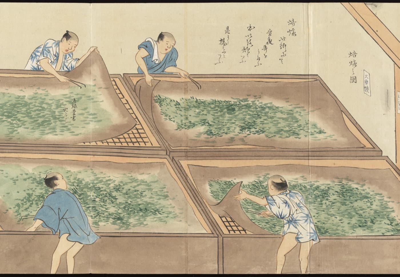 Painted scene: men turning tea leaves on paper over brick ovens